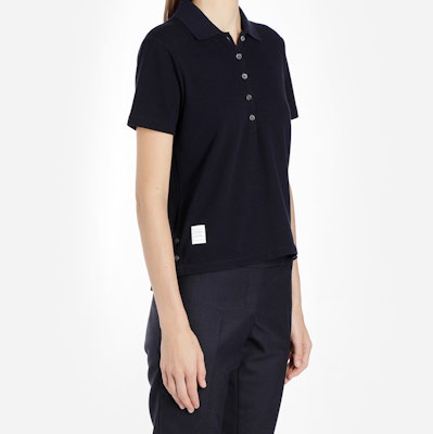 (W) 톰 브라운 네이비 반소매 폴로 트리컬러 스트라이프 디자인 FJP014A-00050-415 Details for (W) 톰 브라운 네이비 반소매 폴로 트리컬러 스트라이프 디자인 FJP014A-00050-415