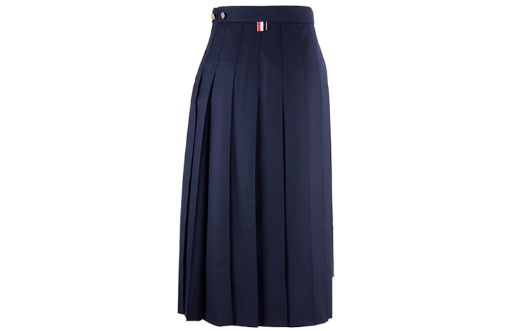 Lookbook (W) 톰 브라운 플리츠 비대칭 미디 스커트 네이비 블루. FGC400V-00626-415