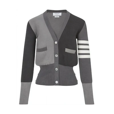 (Women) Thom Browne Slim Knit Cardigan Four-Bar Crinkle Cotton. FKC207F-00219-982