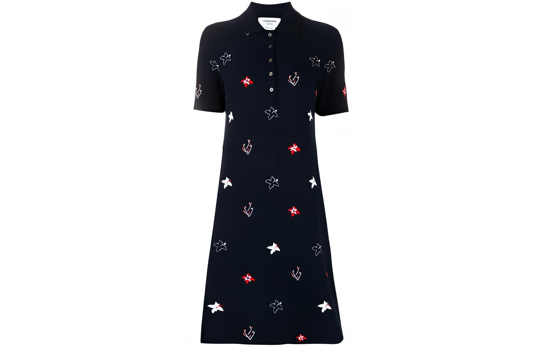 (Women) Thom Browne SS21 Floral Embroidered Polo Dress Navy Blue. FJD070A-07255-415