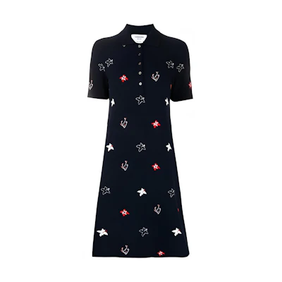 (Women) Thom Browne SS21 Floral Embroidered Polo Dress Navy Blue. FJD070A-07255-415