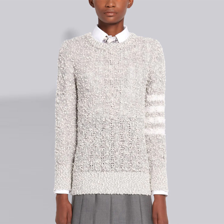 Shop (W) Thom Browne SS21 Sweater Merino Cotton Crewneck Garis Abu-Abu Muda. FKA313A-Y9001-055