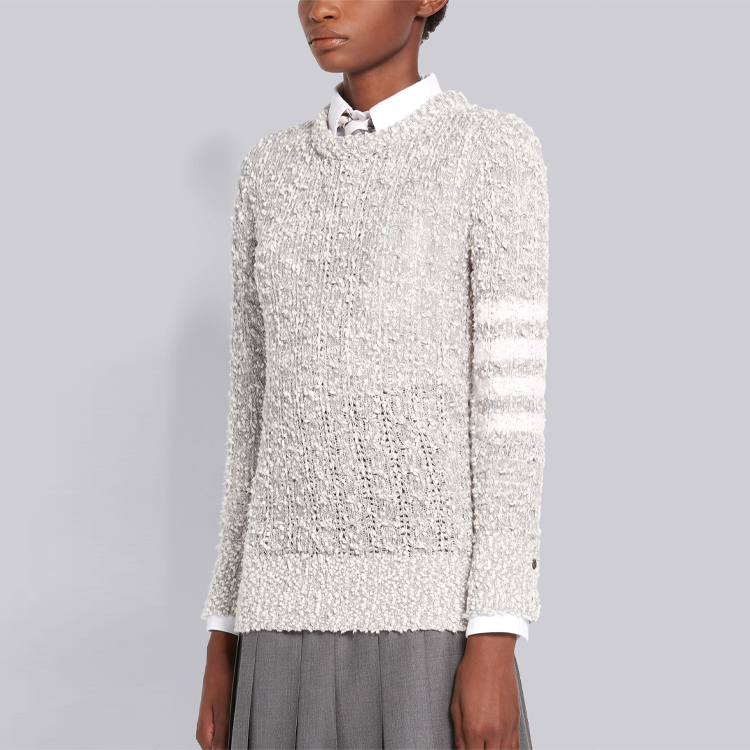 Details for (W) Thom Browne SS21 Sweater Merino Cotton Crewneck Garis Abu-Abu Muda. FKA313A-Y9001-055