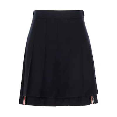 (Women) Thom Browne SS21 Navy Wool Mini Pleated Slim Fit Mid-Rise Skirt FGC402V-00626-415