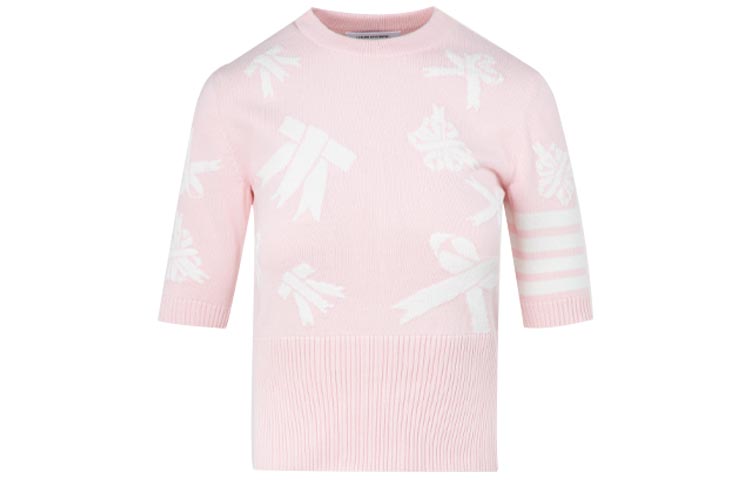 (Women) THOM BROWNE SS21 Pink Logo Stripe Contrast Print Crewneck T-Shirt. FKA325A-Y3006-642