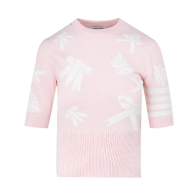 (Women) THOM BROWNE SS21 Pink Logo Stripe Contrast Print Crewneck T-Shirt. FKA325A-Y3006-642