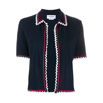 (Women) THOM BROWNE SS21 Ribbed Short Sleeve Cardigan Knitwear Women Navy Blue. FJP041A-07275-415