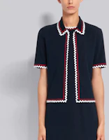 Shop (W) 톰 브라운 SS21 여성 리브드 반팔 가디건 니트웨어 네이비 블루. FJP041A-07275-415