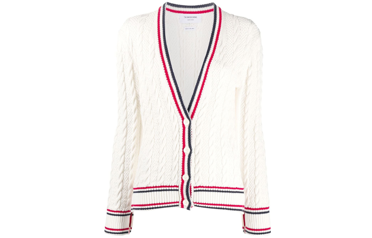 (Women) Thom Browne SS21 Striped V-Neck Knit Sweater Beige FKC378A-Y3017-100