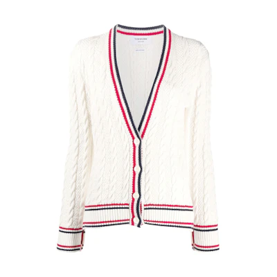 (Women) Thom Browne SS21 Striped V-Neck Knit Sweater Beige FKC378A-Y3017-100