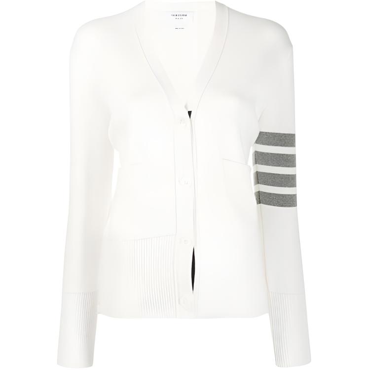 (Women) Thom Browne SS21 White V-Neck Cardigan with Signature Stripes FKC207A-00219-100