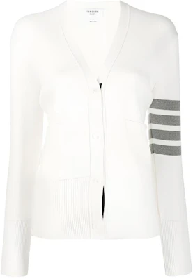 (Women) Thom Browne SS21 White V-Neck Cardigan with Signature Stripes FKC207A-00219-100 Buy (Women) Thom Browne SS21 White V-Neck Cardigan with Signature Stripes FKC207A-00219-100