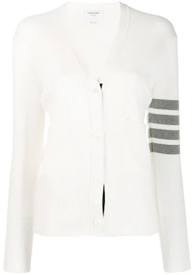 (Women) Thom Browne SS21 White V-Neck Cardigan with Signature Stripes FKC207A-00219-100 Order (Women) Thom Browne SS21 White V-Neck Cardigan with Signature Stripes FKC207A-00219-100