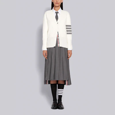 (Women) Thom Browne SS21 White V-Neck Cardigan with Signature Stripes FKC207A-00219-100 Lookbook (Women) Thom Browne SS21 White V-Neck Cardigan with Signature Stripes FKC207A-00219-100