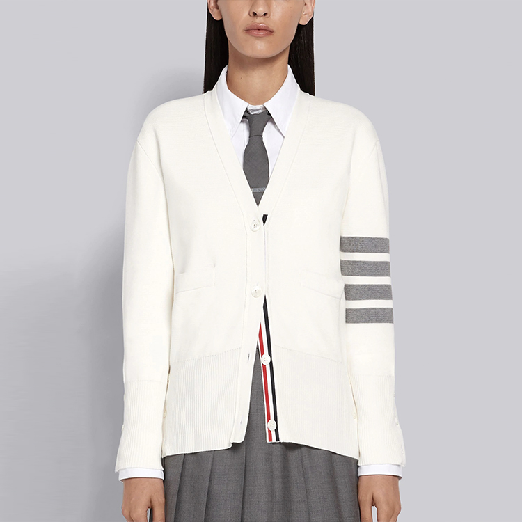 (Women) Thom Browne SS21 White V-Neck Cardigan with Signature Stripes FKC207A-00219-100 圖 4