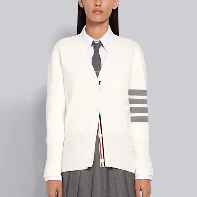 (Women) Thom Browne SS21 White V-Neck Cardigan with Signature Stripes FKC207A-00219-100 Shop (Women) Thom Browne SS21 White V-Neck Cardigan with Signature Stripes FKC207A-00219-100