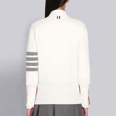 (Women) Thom Browne SS21 White V-Neck Cardigan with Signature Stripes FKC207A-00219-100 Purchase (Women) Thom Browne SS21 White V-Neck Cardigan with Signature Stripes FKC207A-00219-100