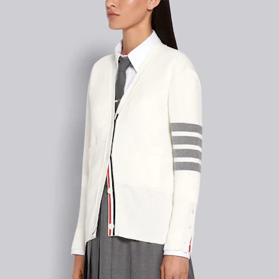 (Women) Thom Browne SS21 White V-Neck Cardigan with Signature Stripes FKC207A-00219-100 Details for (Women) Thom Browne SS21 White V-Neck Cardigan with Signature Stripes FKC207A-00219-100