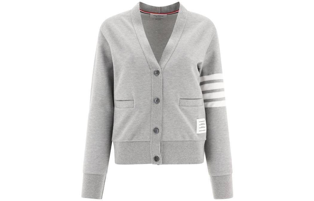 (Women) THOM BROWNE SS22  Grey Striped V-Neck Knit Cardigan Sweater. FJT217A-J0008-055