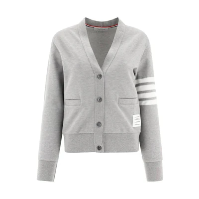 (Women) THOM BROWNE SS22 Grey Striped V-Neck Knit Cardigan Sweater. FJT217A-J0008-055