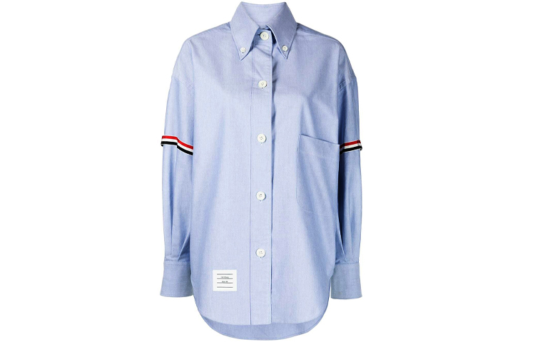 Order (W) THOM BROWNE SS22 Kemeja Lengan Panjang Garis Biru Muda Gaya Santai Lelaki FLL079-E06177-480