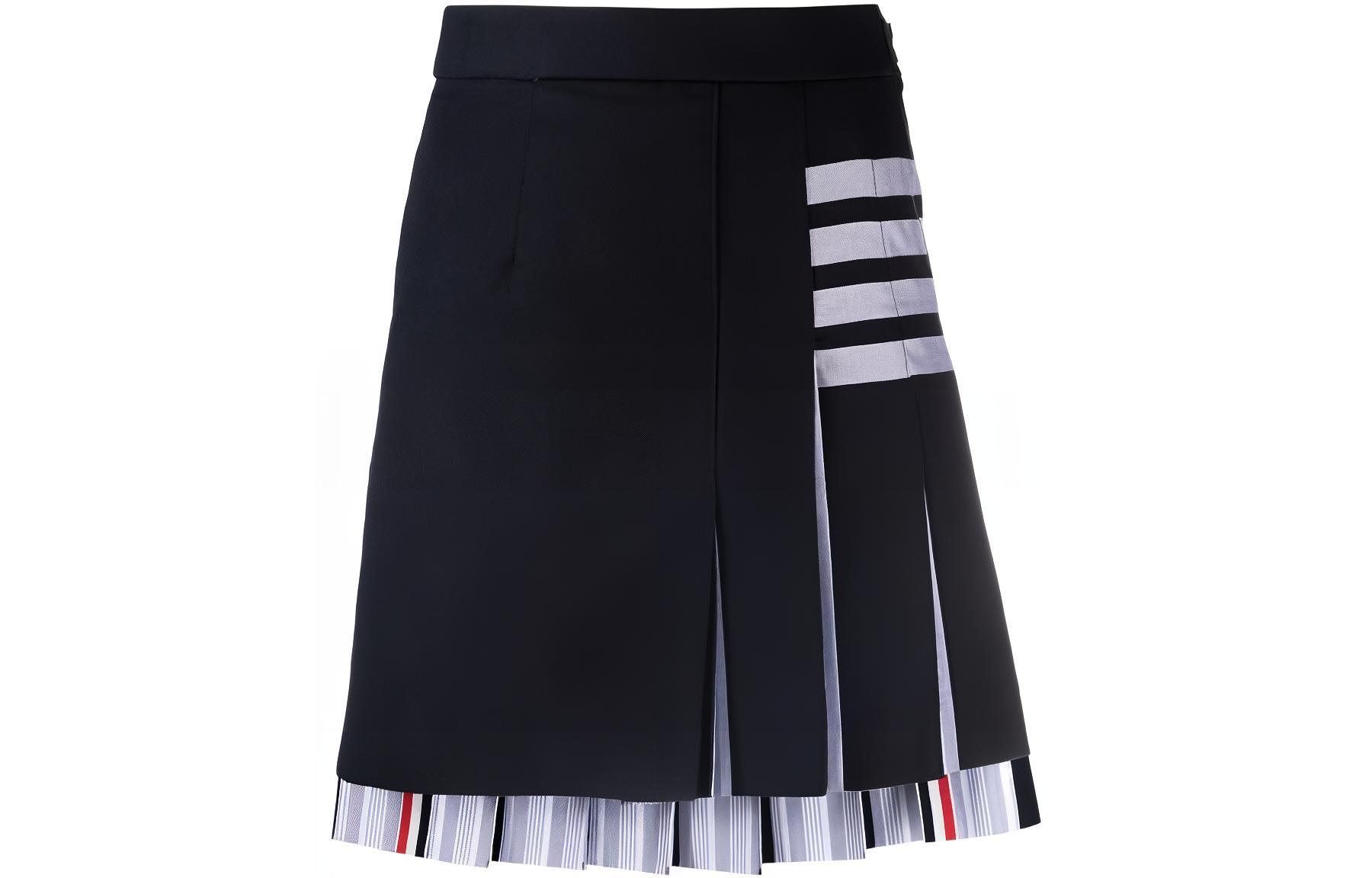 (Women) Thom Browne SS22  Navy Blue Pleated Skirt with Four-Bar Stripes. FGC846A-07890-415
