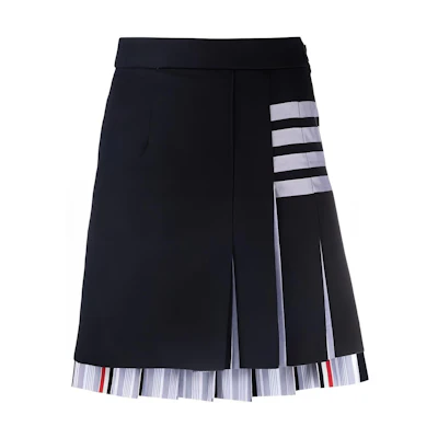 (Women) Thom Browne SS22 Navy Blue Pleated Skirt with Four-Bar Stripes. FGC846A-07890-415