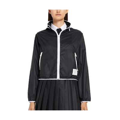 (Women) THOM BROWNE SS22 Navy Blue Solid Zip Windbreaker Hooded Jacket FJT209A-06859-415