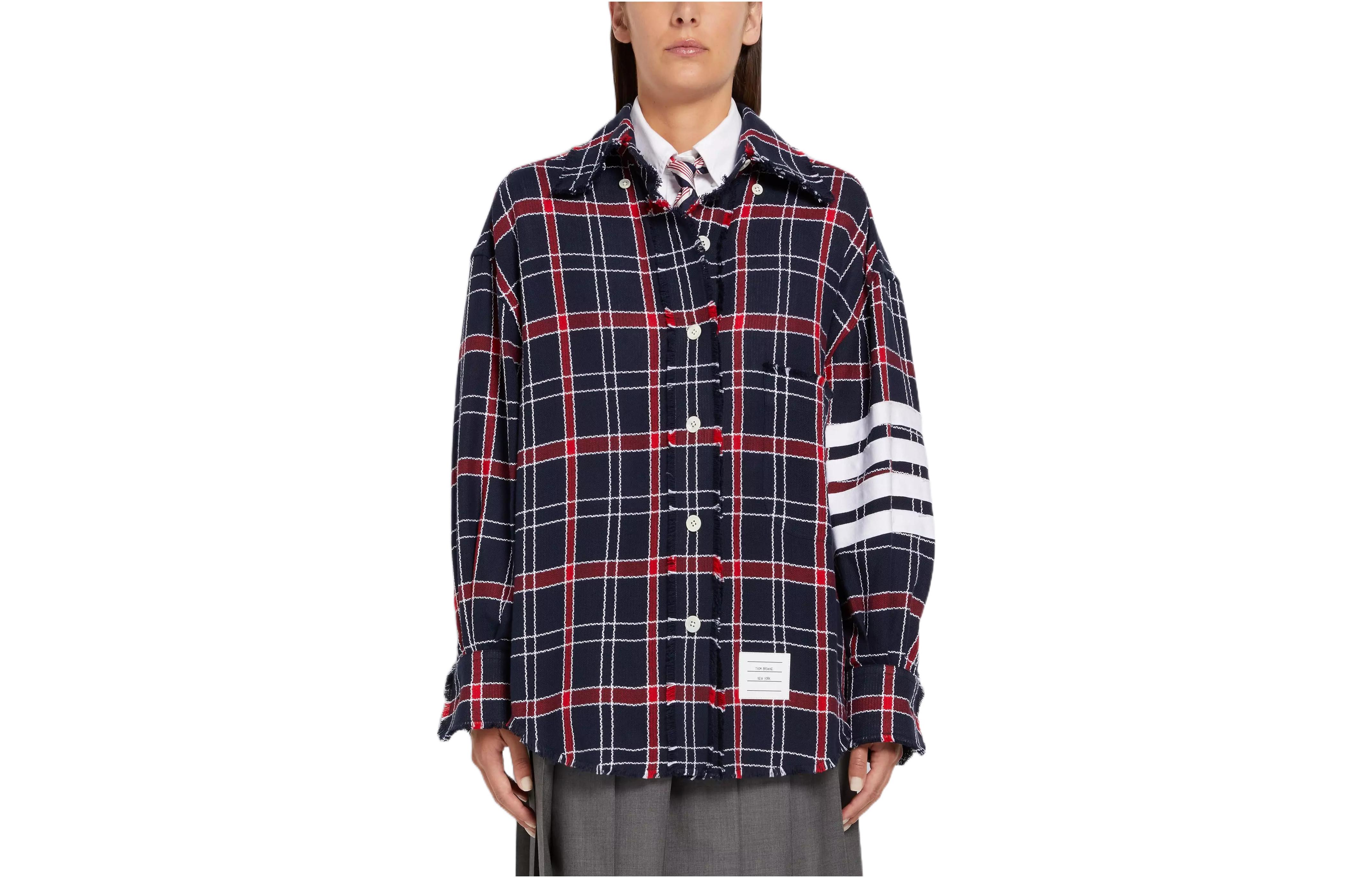 Buy (Women) THOM BROWNE SS22  Navy Striped Oxford Check Oversized Long Sleeve Shirt FLL099C-07869-960