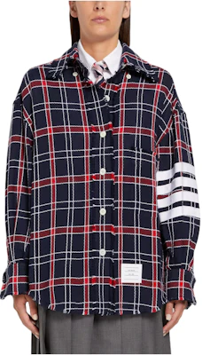 (Women) THOM BROWNE SS22 Navy Striped Oxford Check Oversized Long Sleeve Shirt FLL099C-07869-960 Buy (Women) THOM BROWNE SS22 Navy Striped Oxford Check Oversized Long Sleeve Shirt FLL099C-07869-960