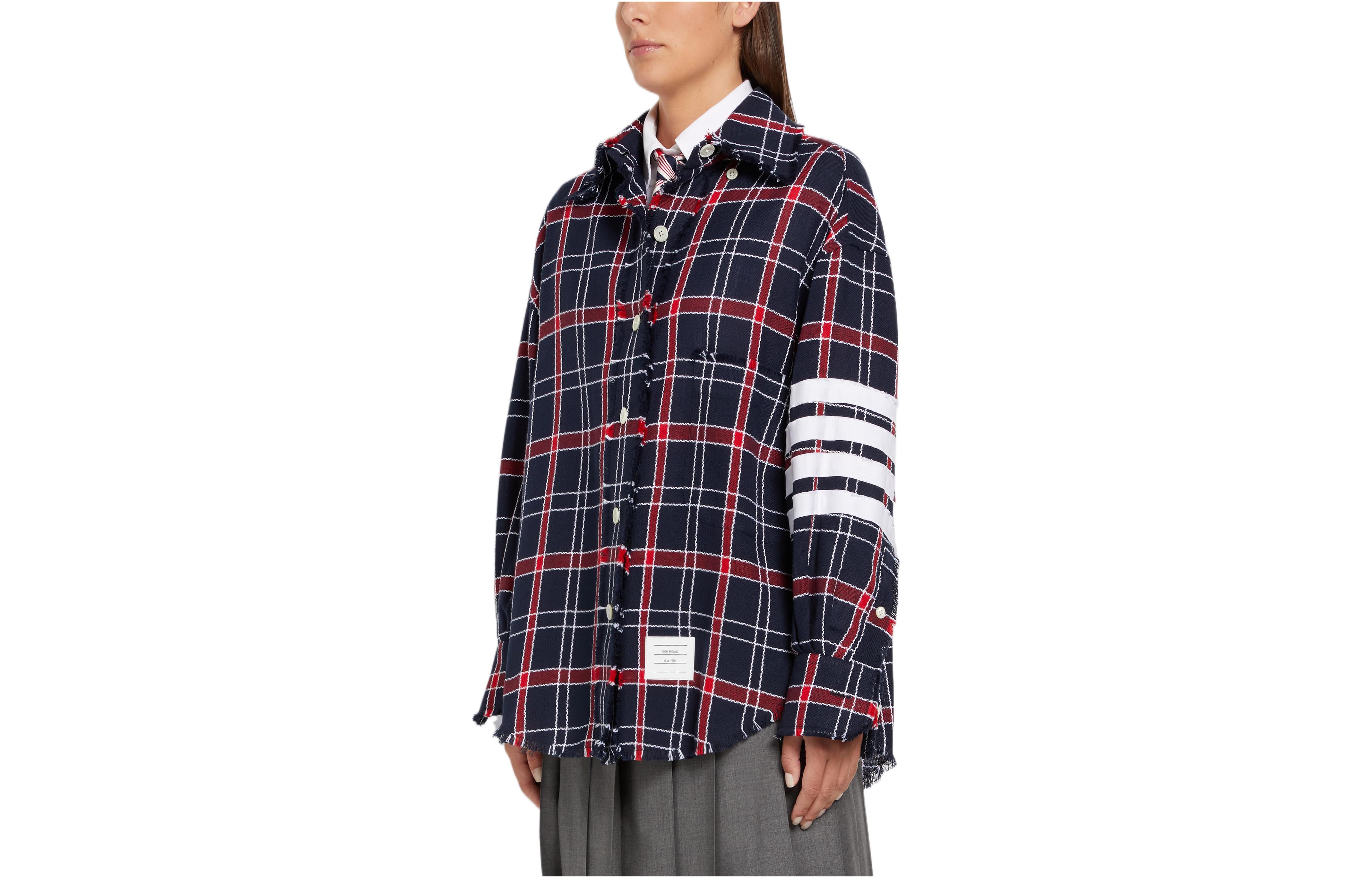 Lookbook (Women) THOM BROWNE SS22  Navy Striped Oxford Check Oversized Long Sleeve Shirt FLL099C-07869-960