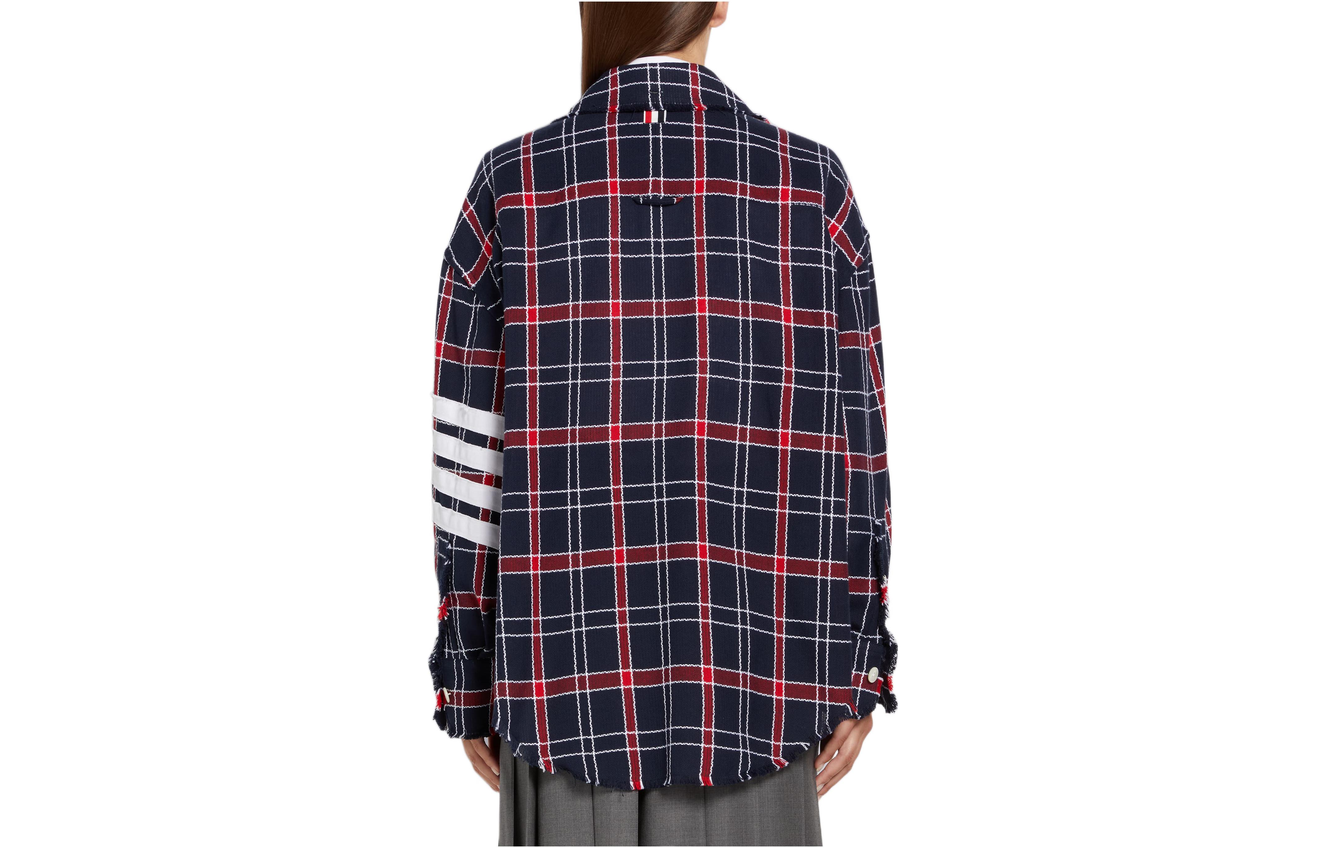 Shop (Women) THOM BROWNE SS22  Navy Striped Oxford Check Oversized Long Sleeve Shirt FLL099C-07869-960