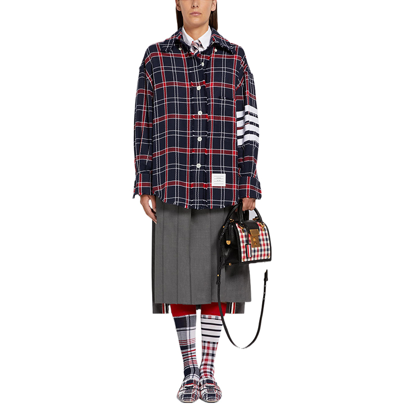 Purchase (Women) THOM BROWNE SS22  Navy Striped Oxford Check Oversized Long Sleeve Shirt FLL099C-07869-960