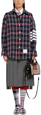 (Women) THOM BROWNE SS22 Navy Striped Oxford Check Oversized Long Sleeve Shirt FLL099C-07869-960 Purchase (Women) THOM BROWNE SS22 Navy Striped Oxford Check Oversized Long Sleeve Shirt FLL099C-07869-960