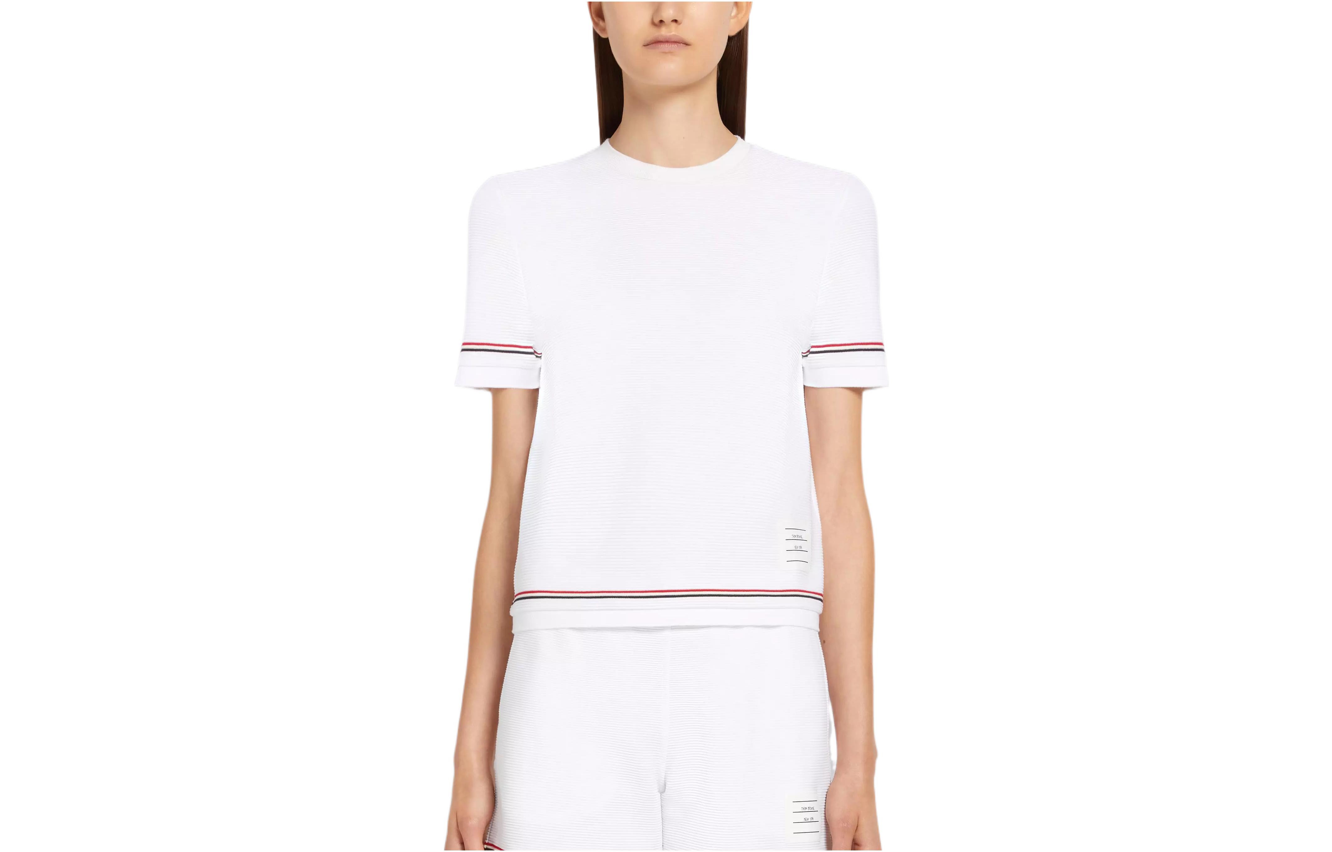 (Women) THOM BROWNE SS22  White Knit T-Shirt with Stripe Trim Casual Design. FJS118A-08025-100