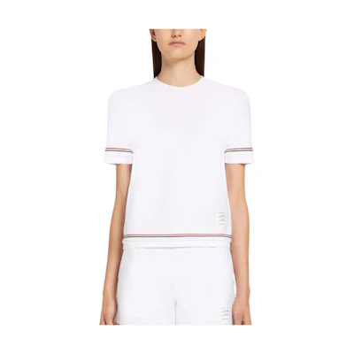(Women) THOM BROWNE SS22 White Knit T-Shirt with Stripe Trim Casual Design. FJS118A-08025-100