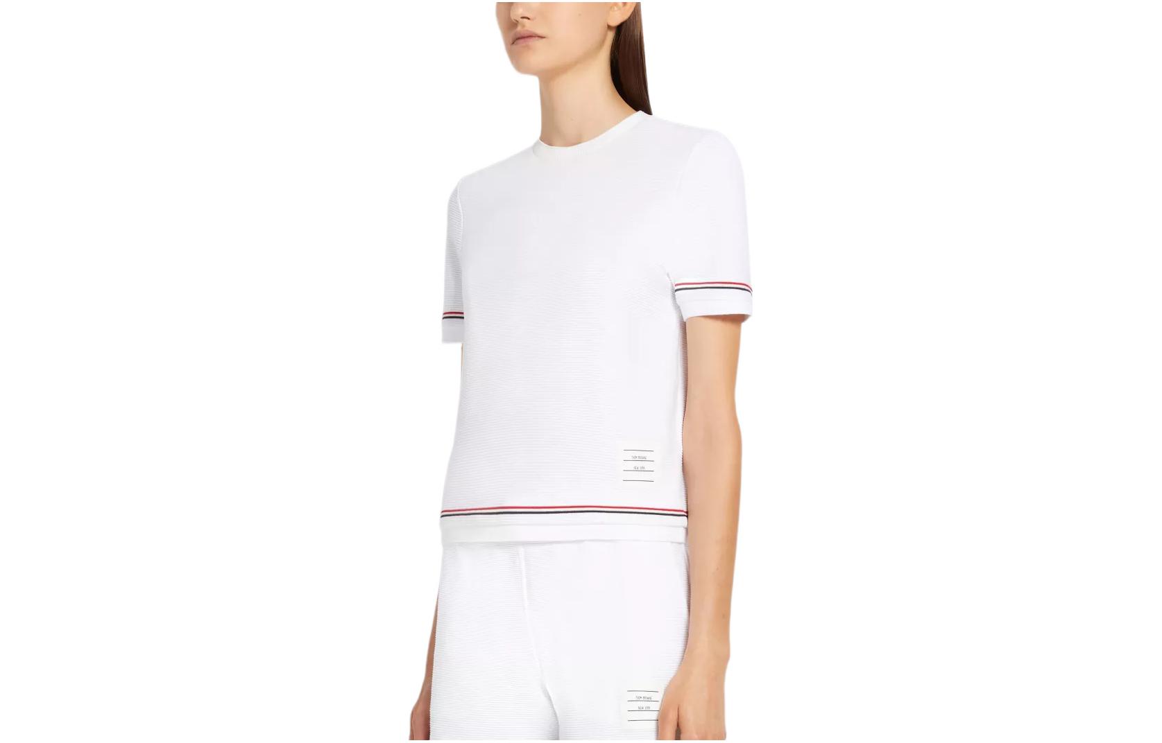 (Women) THOM BROWNE SS22  White Knit T-Shirt with Stripe Trim Casual Design. FJS118A-08025-100 圖 3