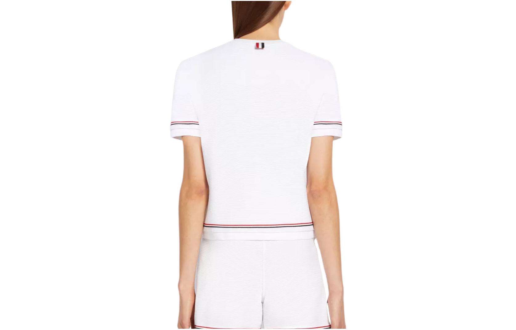 (Women) THOM BROWNE SS22  White Knit T-Shirt with Stripe Trim Casual Design. FJS118A-08025-100 圖 4