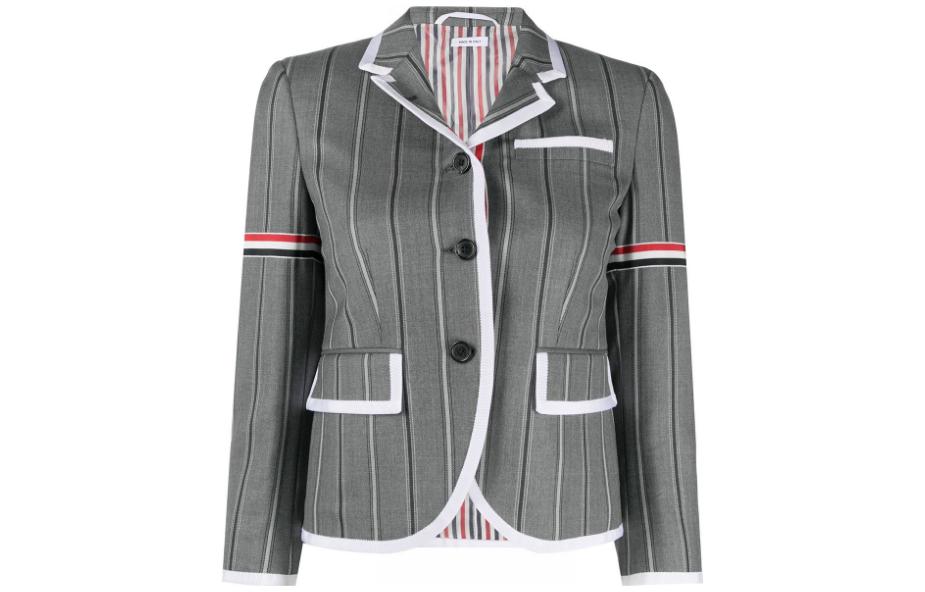 (Women) Thom Browne SS22 Grey Striped Satin Casual Jacket with Trapeze Lapel FBC010M-07472-035