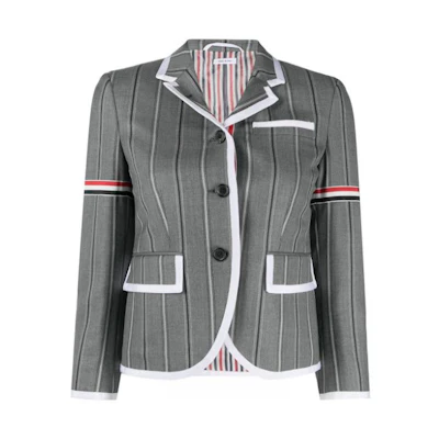 (Women) Thom Browne SS22 Grey Striped Satin Casual Jacket with Trapeze Lapel FBC010M-07472-035