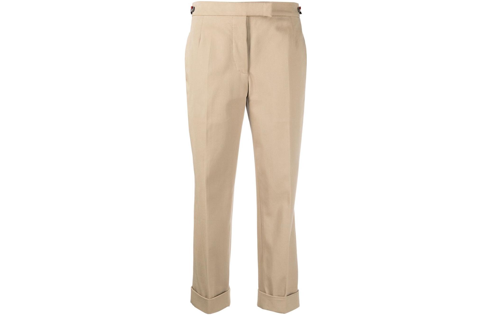 (Women) Thom Browne SS23  Brown Ankle-Cut Straight-Leg Button Casual Pants. FTC392UF0175250