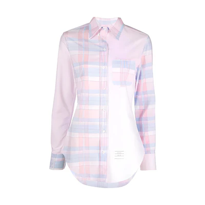 (Women) THOM BROWNE SS23 Check Detail Colorblock Single-Breasted Shirt. FLL005C-F0171-680