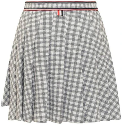 (Women) THOM BROWNE SS23 Gray Checkered Pleated Mini Skirt with Stripe Badge. FJK091A-F0282-035 Lookbook (Women) THOM BROWNE SS23 Gray Checkered Pleated Mini Skirt with Stripe Badge. FJK091A-F0282-035