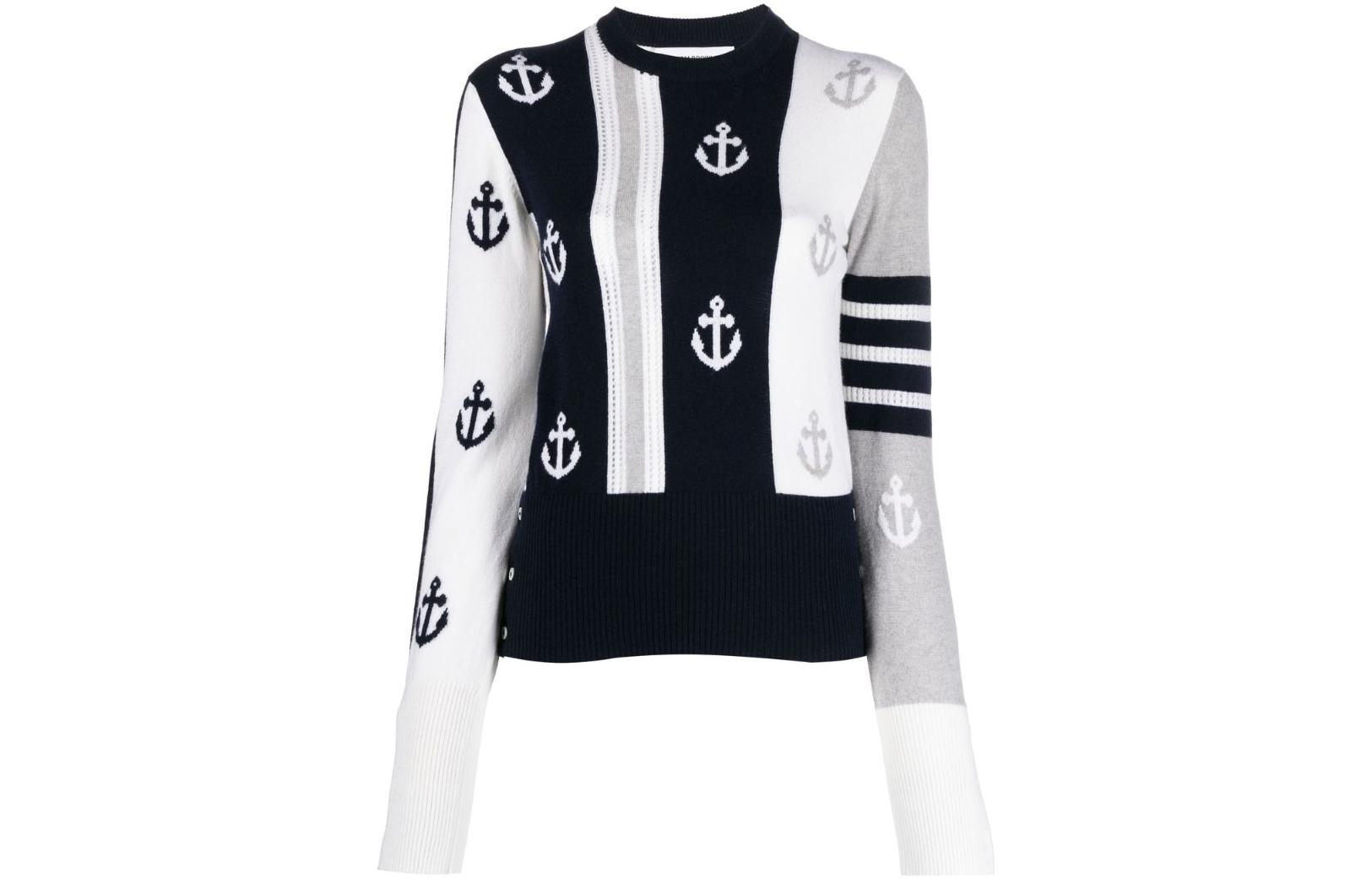 (Women) THOM BROWNE SS23  Navy Blue Printed Crewneck Long Sleeve Sweater. FKA419AY2001100