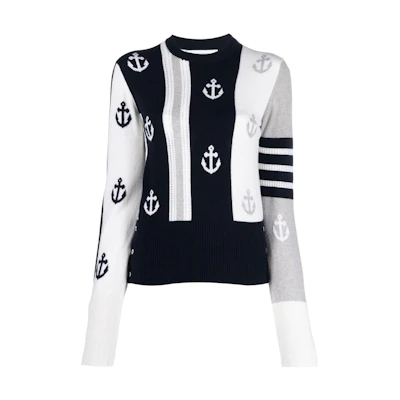 (Women) THOM BROWNE SS23 Navy Blue Printed Crewneck Long Sleeve Sweater. FKA419AY2001100