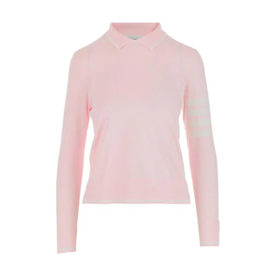 (Women) Thom Browne SS23 Pink 4-Bar Trim Knit Long-Sleeve Polo Shirt. FKA415A-Y5501-680