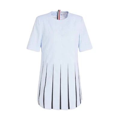 (Women) THOM BROWNE SS23 Pleated Corduroy Short Sleeve Dress Light Blue FDSD96A-06272-480