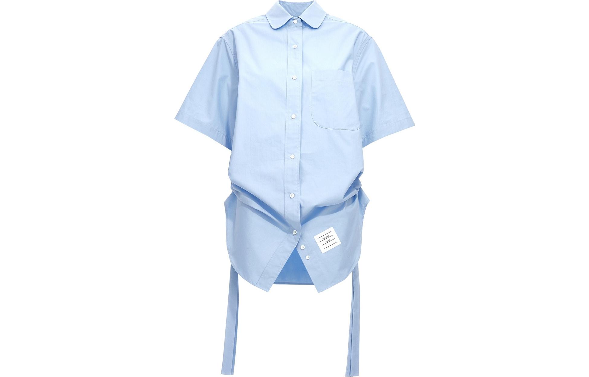(Women) THOM BROWNE SS23  Solid Button-Down Short Sleeve Shirt Blue FDSD91A-F0184-480