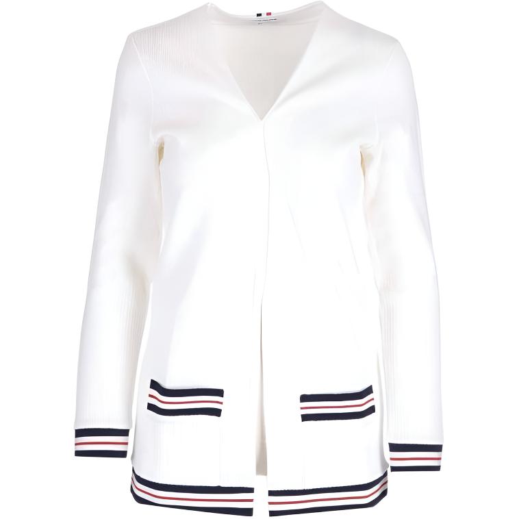 (Women) THOM BROWNE SS23  White Color-Block Striped Cardigan Sweater. FJT265A-J0068-100