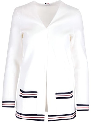 (W) THOM BROWNE SS23 Kardigan Sweater Putih dengan Garis Blok Warna. FJT265A-J0068-100 Buy (W) THOM BROWNE SS23 Kardigan Sweater Putih dengan Garis Blok Warna. FJT265A-J0068-100